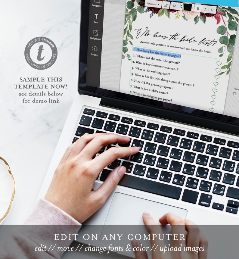 May include: A laptop computer with a floral design on the screen. The screen displays a printable bridal shower game titled "Who Knows the Bride Best?" with questions about the bride and groom. The laptop keyboard is visible with a hand typing on it.