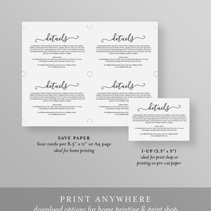 Pu&ograve; includere: Quattro schede stampabili con il testo "details" in un carattere corsivo decorativo. Le schede forniscono informazioni sul trasporto, l'hotel e il sito web per un matrimonio. I testi "Save Paper" e "1-Up" sono inclusi anche, indicando la dimensione e la quantit&agrave; di schede per pagina.