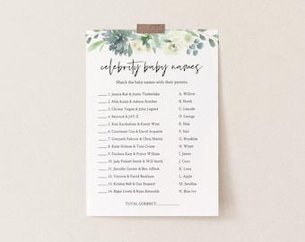 Celebrity Baby Name Game, Printable Baby Shower Game, Baby Name Game, Succulent Greenery, Editable Template, INSTANT DOWNLOAD #075-153BG