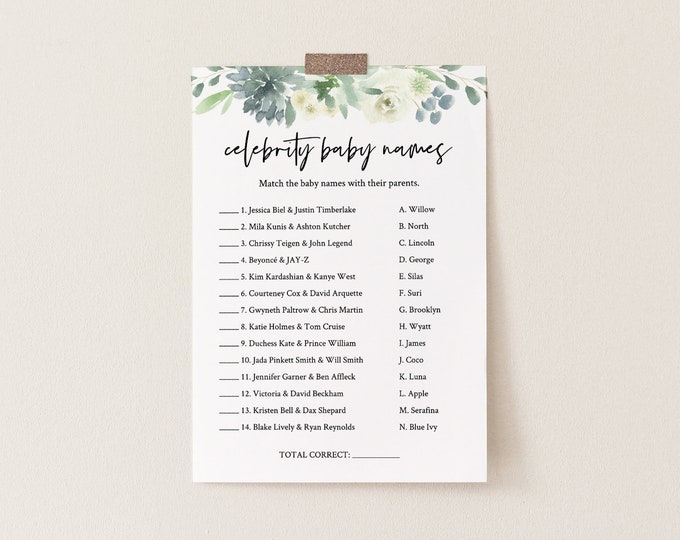 Celebrity Baby Name Game, Printable Baby Shower Game, Baby Name Game, Succulent Greenery, Editable Template, INSTANT DOWNLOAD #075-153BG