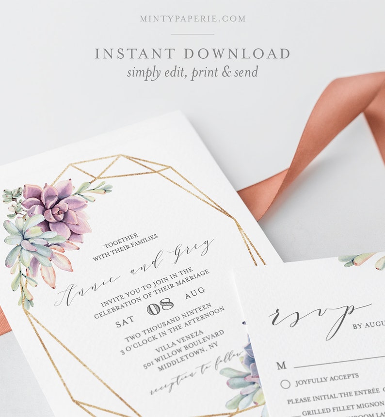 Succulent Wedding Invitation Set, Instant Download, 100% Editable Template, Printable Boho Cactus Invite, RSVP & Detail, Templett, DIY 041A image 1