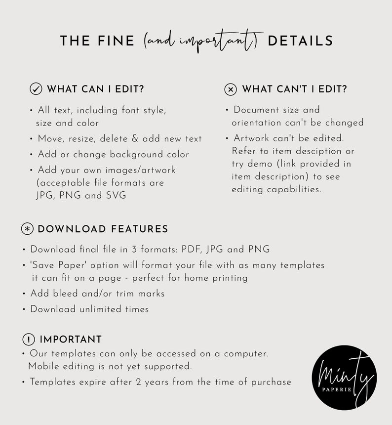 Pode incluir: Um fundo branco com texto preto que descreve os recursos edit&aacute;veis e n&atilde;o edit&aacute;veis de um modelo digital. O texto diz "THE FINE (and important) DETAILS" e inclui uma lista de verifica&ccedil;&atilde;o do que pode e n&atilde;o pode ser editado. O texto tamb&eacute;m inclui uma se&ccedil;&atilde;o intitulada "DOWNLOAD FEATURES" e "IMPORTANT". A imagem tamb&eacute;m inclui um logotipo para "Minty Paperie".