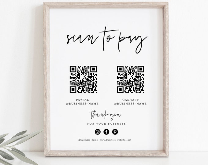 Scan to Pay Sign, Cash App,  Venmo, Paypal Sign, Business QR Code Pay Sign, Editable Template, Instant Download, Templett, 8x10 #0009-78S