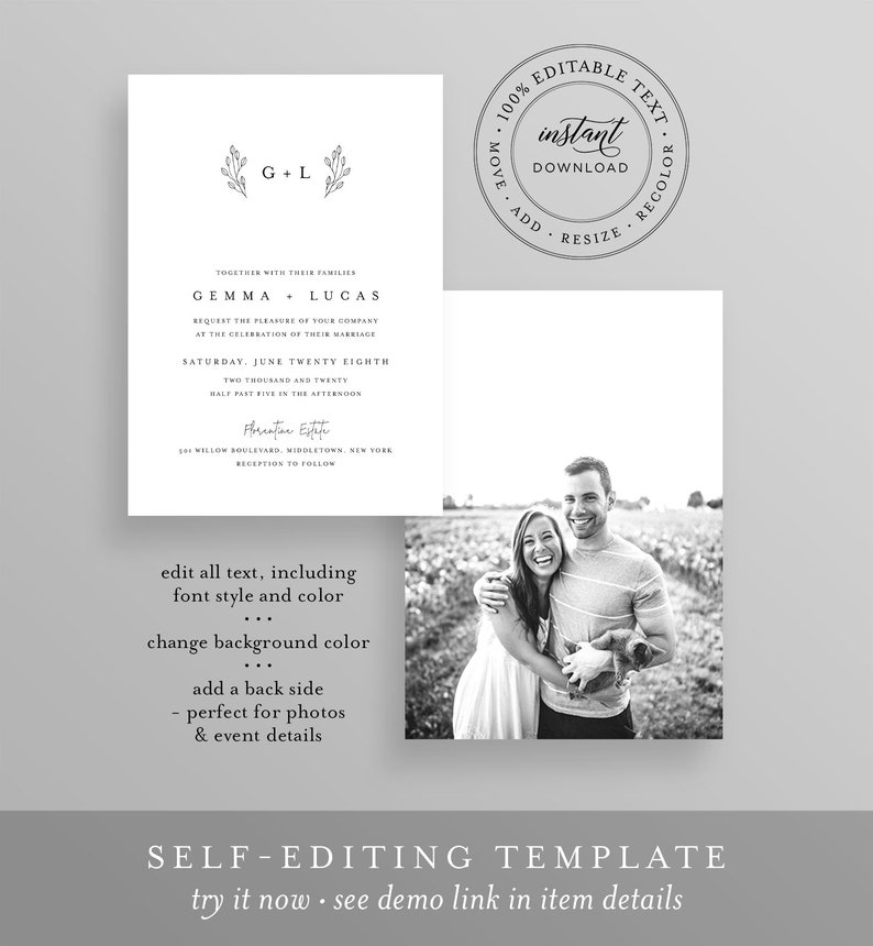 Minimalist Wedding Suite, Simple, Elegant, Clean Wedding Invitation, RSVP, Detail, Editable Template, Instant Download, Templett #095B image 4