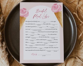 Ice Cream Mad Libs Bridal Shower Game, Summer Bridal Shower Funny Game, Here's the Scoop, Icecream, Instant Download, Templett #0035-09BRG