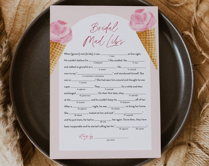 Ice Cream Mad Libs Bridal Shower Game, Summer Bridal Shower Funny Game, Here's the Scoop, Icecream, Instant Download, Templett #0035-09BRG