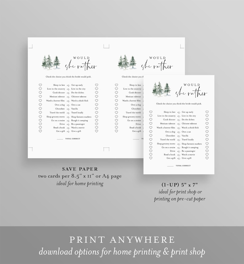 Bridal Shower Game Bundle, 12 Editable Templates, INSTANT DOWNLOAD, Customize Name & Questions, Winter Pine Bridal Games, Templett 073BGB image 8