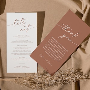 Menu Boho et carte de remerciement, modèle de menu de dîner de mariage en terre cuite, note de remerciement, modifiable, instantané, Templett, 4 x 9 #0034T-227WM