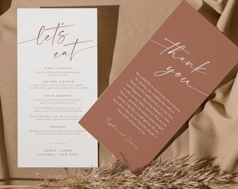 Bohemian Menu and Thank You Card, Terracotta Wedding Dinner Menu Template, Thank You Note, Editable, Instant, Templett, 4x9 #0034T-227WM