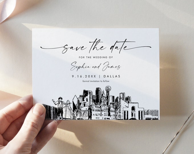 Dallas Skyline Save the Date, City Destination Wedding Dallas Wedding Date, Editable Template, Instant Download, Templett, 5x7 #0047-212SD