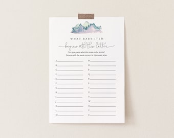 A to Z Baby Shower Game, What Baby Item Game, Rustic Pine Mountain Baby Shower, Editable Template, Instant Download, Templett #063-131BASG