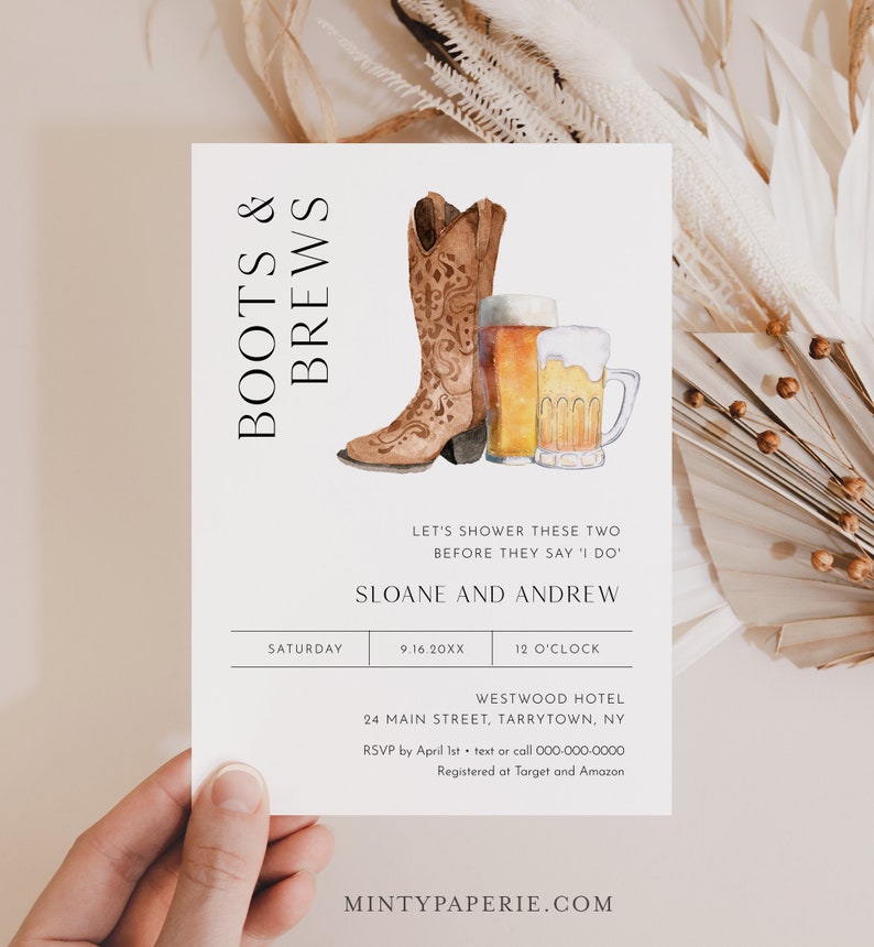 Boots and Brews Invitation, Couple Shower Invite, Western Bridal Shower, Beer, Edit & Print Today, Instant Download, 5x7 0026D-316BS image 3