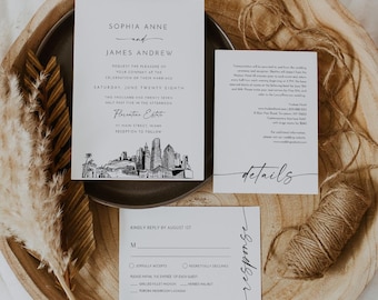 Miami Wedding Invitation Set, Miami, Florida Skyline, Photo Card, Editable Template, Includes Invite, RSVP, Details, Templett #0047