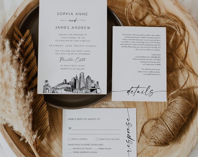 Miami Wedding Invitation Set, Miami, Florida Skyline, Photo Card, Editable Template, Includes Invite, RSVP, Details, Templett #0047