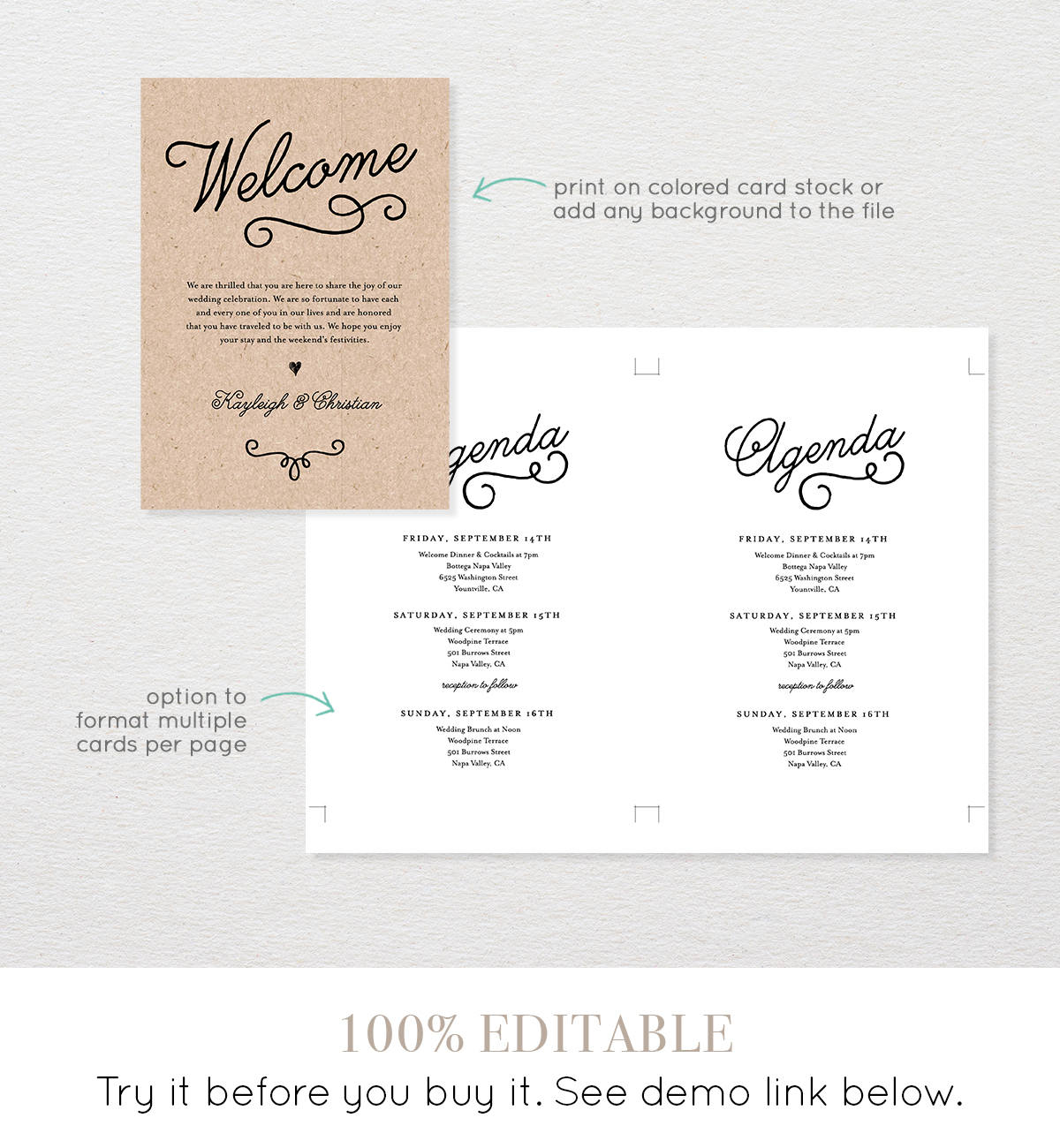 Welcome Letter Agenda Wedding Welcome Bag Card Itinerary Printable Instant Download 100 Editable Template Templett Diy 035 108wb