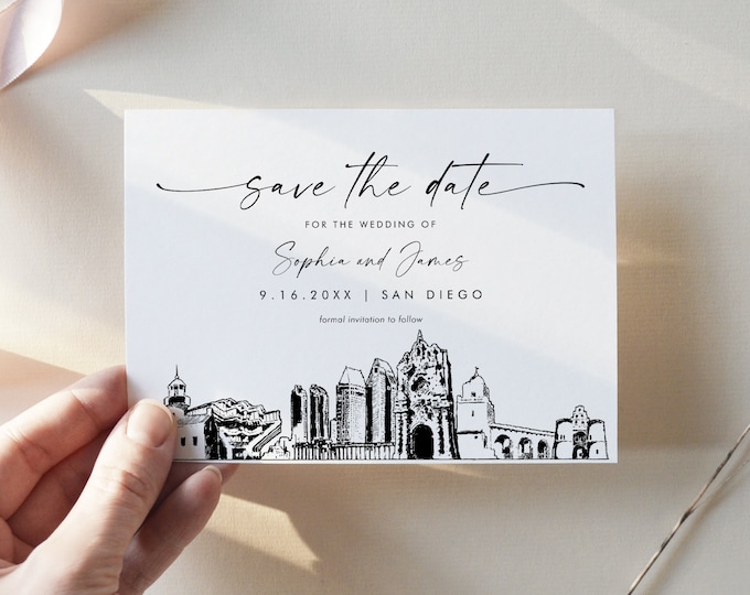 San Diego Skyline Save the Date, Destination Wedding San Diego Wedding Date, Editable Template, Instant Download, Templett, 5x7 #0047-212SD