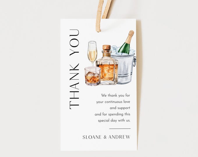 Bourbon Brews and Bubbly Favor Tag for Bridal Shower or Wedding, Champagne Beer Thank You Tag, Editable Text, Templett, 2x3.5 #0026H-210FT