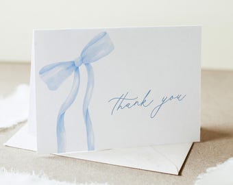 Coquette Bow Thank You Folded Card Printable, Blue Boy Baby Shower Note, Editable Template, Instant Download, Templett #0057-237TYC