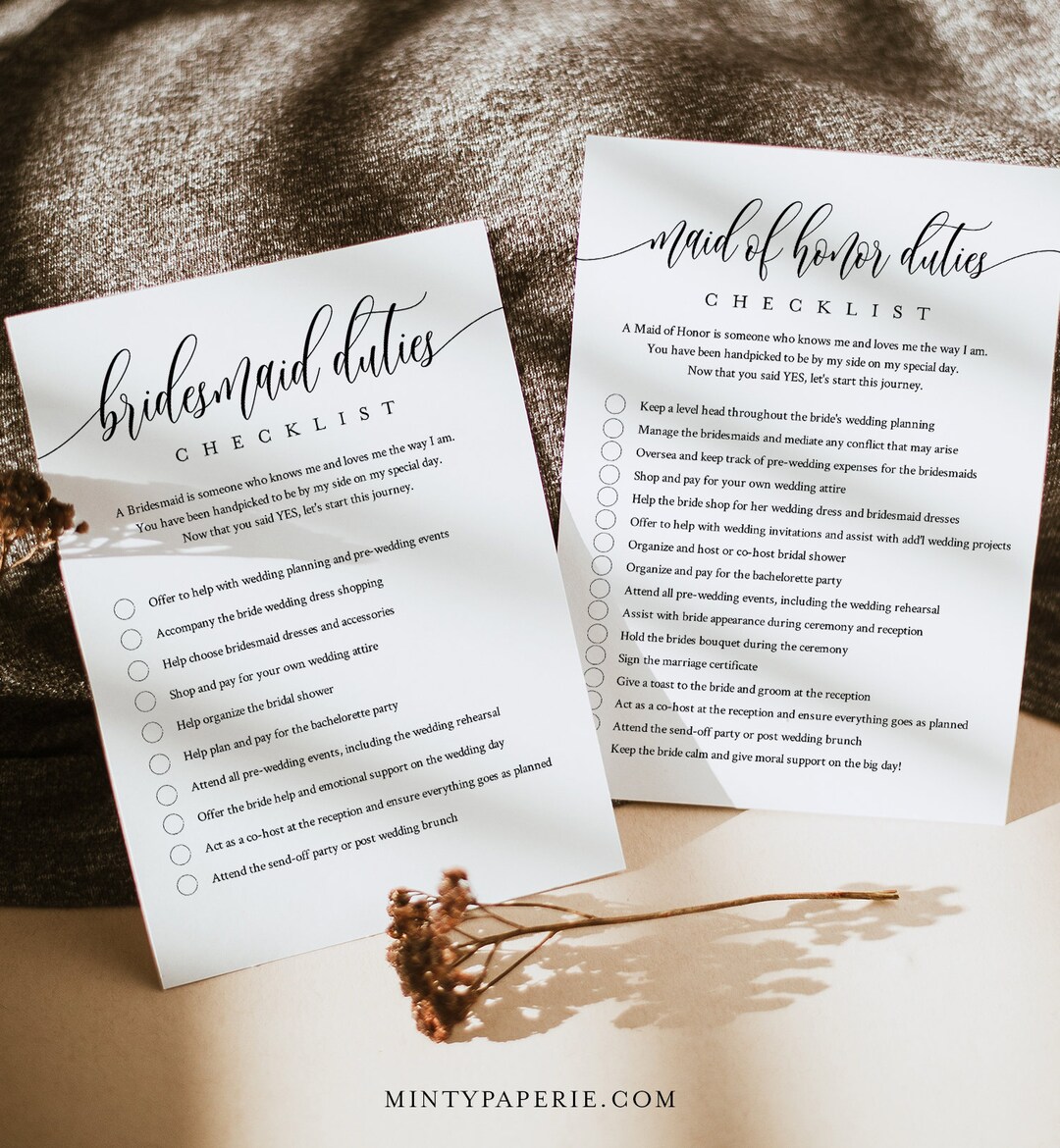 Minimal Bridesmaid Duties Checklist, Maid of Honor Duties, Bridal