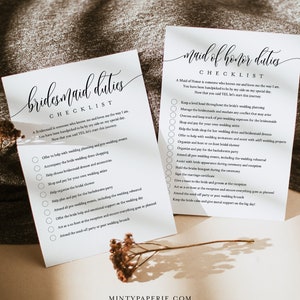 Minimal Bridesmaid Duties Checklist, Maid of Honor Duties, Bridal Party Info Card, Editable Text, Instant Download, Templett #008-104BDC