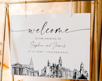 Philadelphia Welcome Sign, Cityscape Skyline Wedding Sign, Printable Instant Download, Editable Template, Templett, 18x24, 24x36 #0047-353LS
