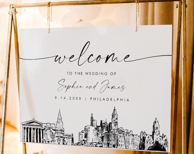 Philadelphia Welcome Sign, Cityscape Skyline Wedding Sign, Printable Instant Download, Editable Template, Templett, 18x24, 24x36 #0047-353LS