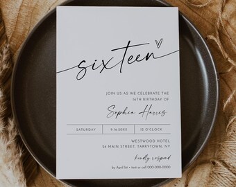 16th Birthday Invite, Modern Birthday Party Invitation, Photo Sweet Sixteen Birthday Card, Editable, Instant, Digital, Templett #0034W-142BD