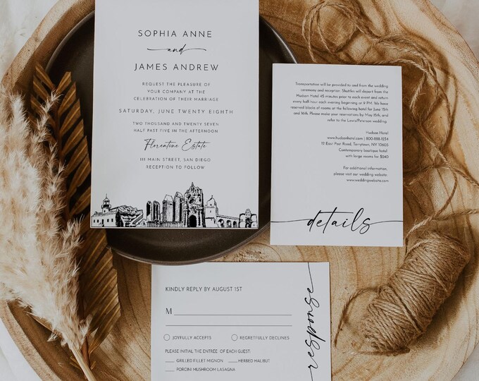 San Diego Wedding Invitation Set, San Diego California Skyline, Photo Card, Editable Template, Includes Invite, RSVP, Details, Templett 0047
