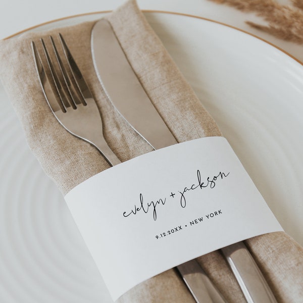 Minimalist Napkin Wrap Printable, DIY Modern Minimal Wedding Paper Napkin Ring Template, 100% Editable Text, Instant Download #0031-101NW