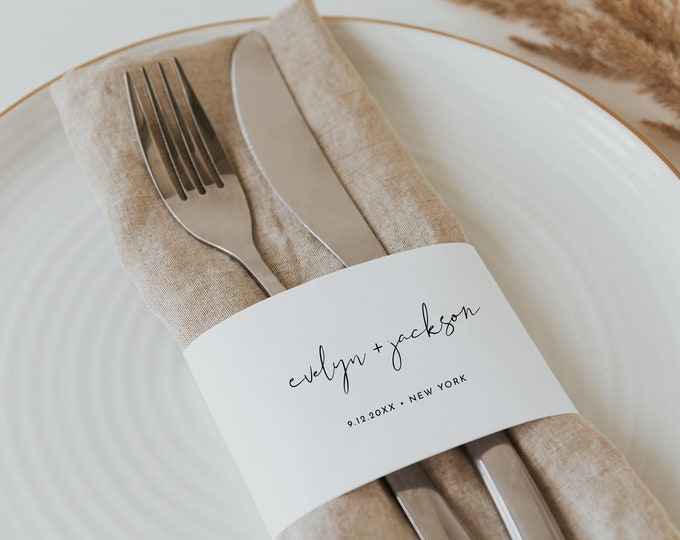 Minimalist Napkin Wrap Printable, DIY Modern Minimal Wedding Paper Napkin Ring Template, 100% Editable Text, Instant Download #0031-101NW