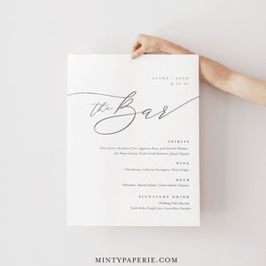 Minimalistisches Bar-Menü-Zeichen, druckbare Hochzeits-Bar-Menü, Alkohol-Getränke-Menü, 100% bearbeitbare Vorlage, Sofortiger Download, Templett #0006-107BM