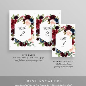 May include: Three printable table number cards with a burgundy, blush, and navy floral design. The cards feature a hexagonal frame with the words "table" and the table number in black script. The cards are designed for a wedding or other special event.