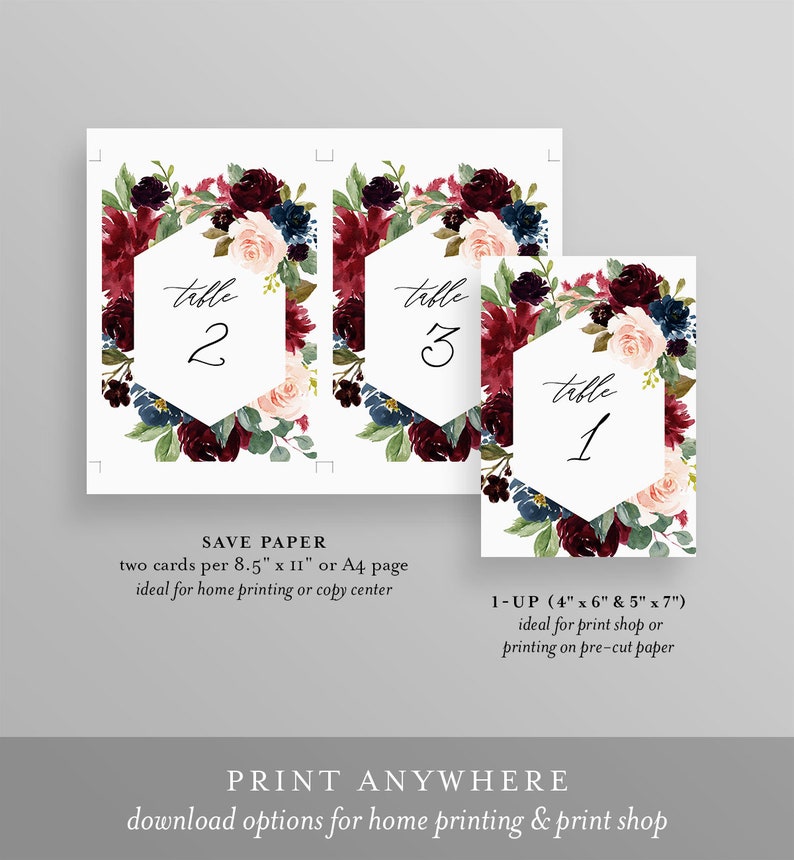 May include: Three printable table number cards with a burgundy, blush, and navy floral design. The cards feature a hexagonal frame with the words "table" and the table number in black script. The cards are designed for a wedding or other special event.