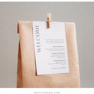 Etiqueta de bolsa de bienvenida moderna, carta de bienvenida editable y plantilla de itinerario, nota de bienvenida mínima, orden de eventos, 3.5"x5" #0026B-111WBT