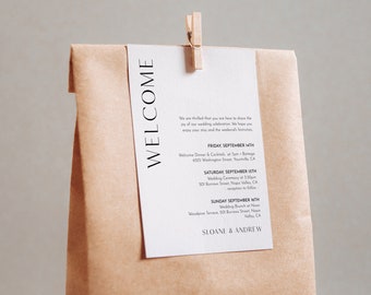 Modern Welcome Bag Tag, Editable Welcome Letter and Itinerary Template, Minimal Welcome Note, Order of Events, 3.5"x5" #0026B-111WBT