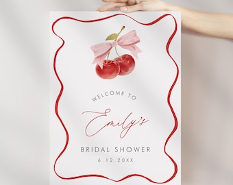 Coquette Cherry Bridal Shower Welcome Sign, Cherry on Top Bridal Shower Sign, Latte, Editable Template, Instant, 18x24, 24x36 #0056-374LS