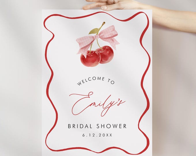 Coquette Cherry Bridal Shower Welcome Sign, Cherry on Top Bridal Shower Sign, Latte, Editable Template, Instant, 18x24, 24x36 #0056-374LS