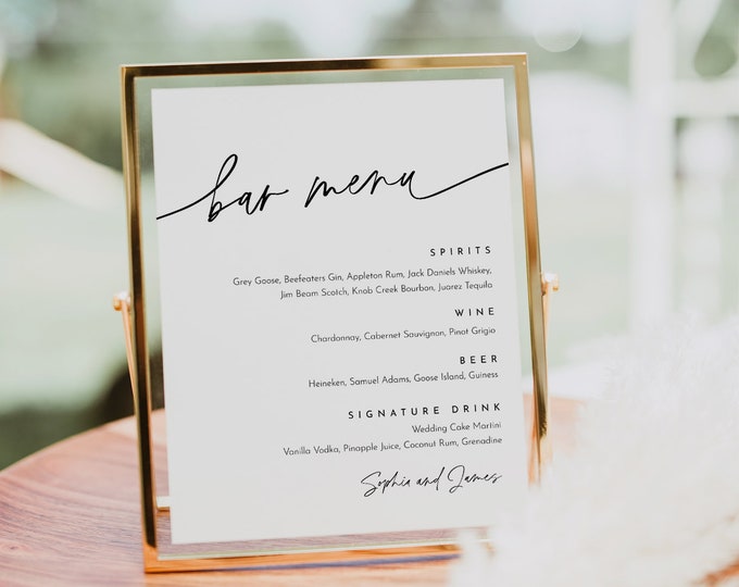 Minimalist Bar Menu Sign, Printable Wedding Bar Menu, Alcohol Drinks Menu, 100% Editable Template, Instant Download, Templett #0032-119BM