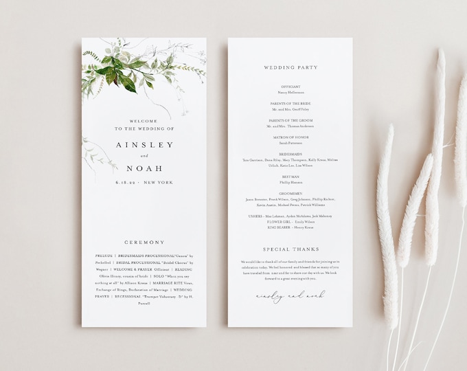 Modern Greenery Wedding Program Template, Minimal Order of Service, Editable, Printable Program, Instant Download, Templett #0011-263WP