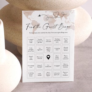 Find the Guest Bingo Game, Travel Theme Bridal Shower Bingo, World Map, Social Game, Printable, Editable Template, Templett #0039-02BRG