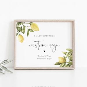 Lemon Custom Sign Template, Citrus Greenery Wedding or Bridal Shower Table Sign, Create Any Sign, INSTANT DOWNLOAD, Templett 089-152CS image 1