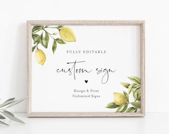 Lemon Custom Sign Template, Citrus Greenery Wedding or Bridal Shower Table Sign, Create Any Sign, INSTANT DOWNLOAD, Templett #089-152CS