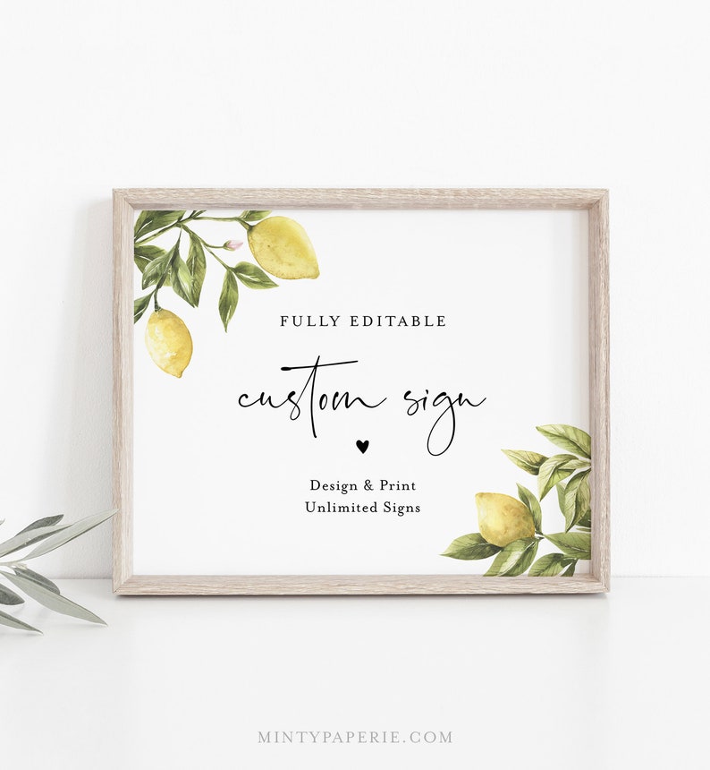 Lemon Custom Sign Template, Citrus Greenery Wedding or Bridal Shower Table Sign, Create Any Sign, INSTANT DOWNLOAD, Templett 089-152CS image 1