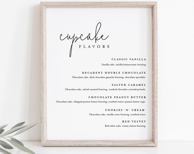 Minimalist Cupcake Menu Sign, Printable Wedding Cupcake Bar Station, Editable Dessert Template, Instant Download, Templett #095A-105DM