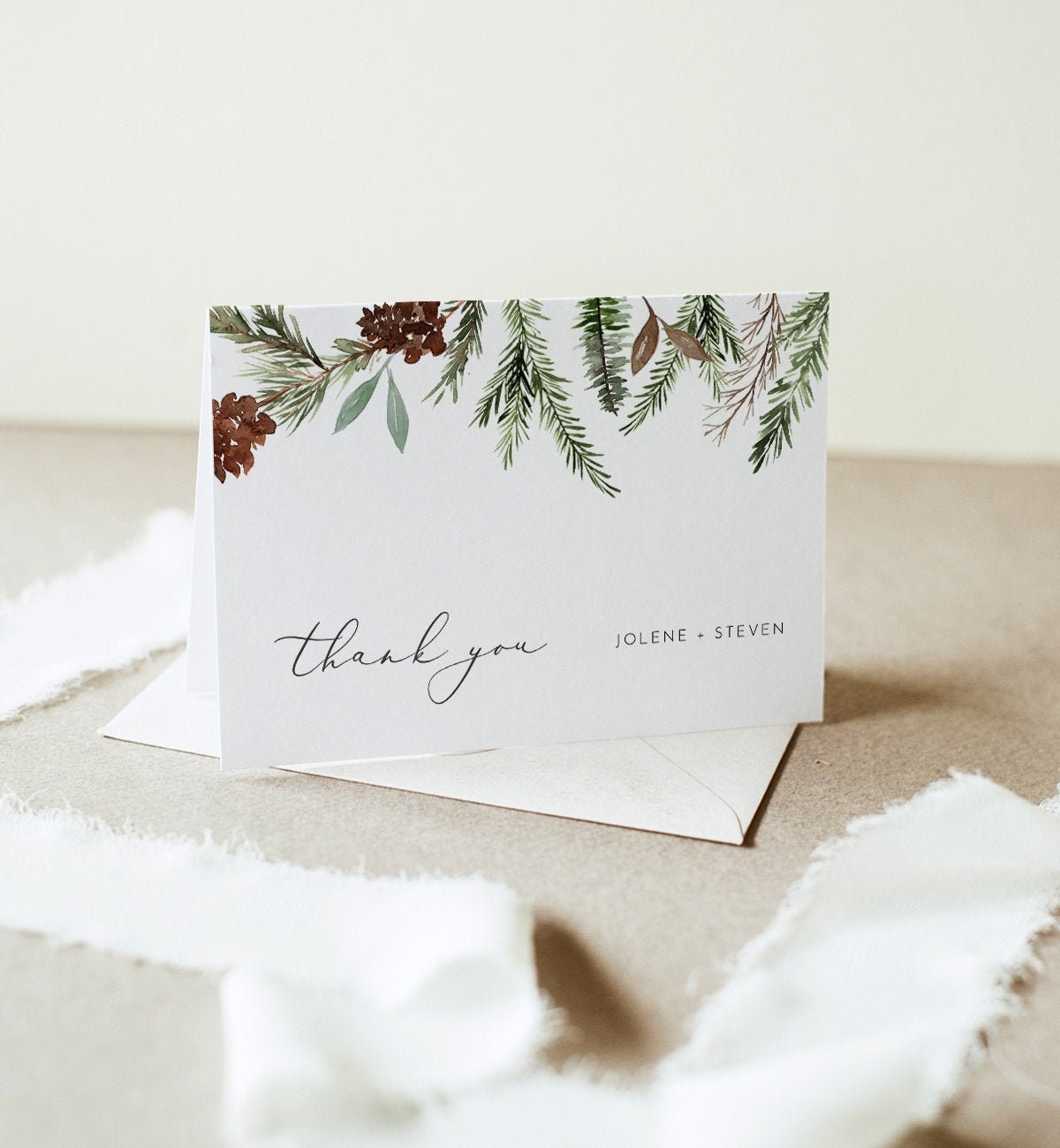 pine thank you card winter wedding christmas thank you