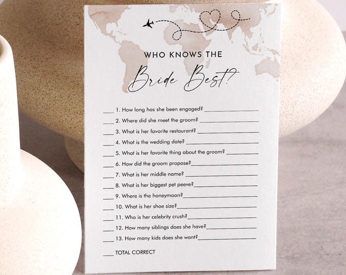 How Well Do You Know the Bride, Who Knows the Couple Best, Travel Theme Bridal Shower Game, World Map, Editable Template #0039-03BRG