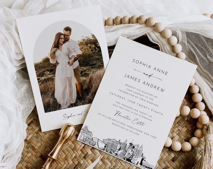 Las Vegas Wedding Invitation Set, Las Vegas, Nevada Skyline, Photo Card, Editable Template, Includes Invite, RSVP, Details, Templett #0047