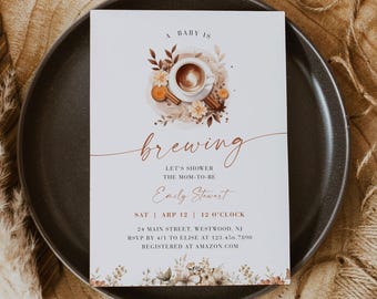 Baby Brewing Baby Shower Invitation, Coffee Lover, Cafe, Latte, Autumn Baby Shower, Gender Neutral, Editable Template, Templett #0060-256BA