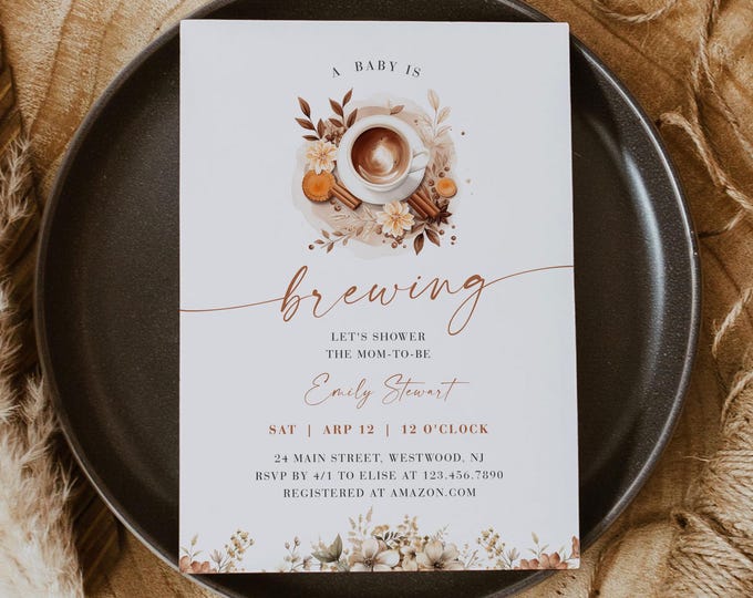 Baby Brewing Baby Shower Invitation, Coffee Lover, Cafe, Latte, Autumn Baby Shower, Gender Neutral, Editable Template, Templett #0060-256BA