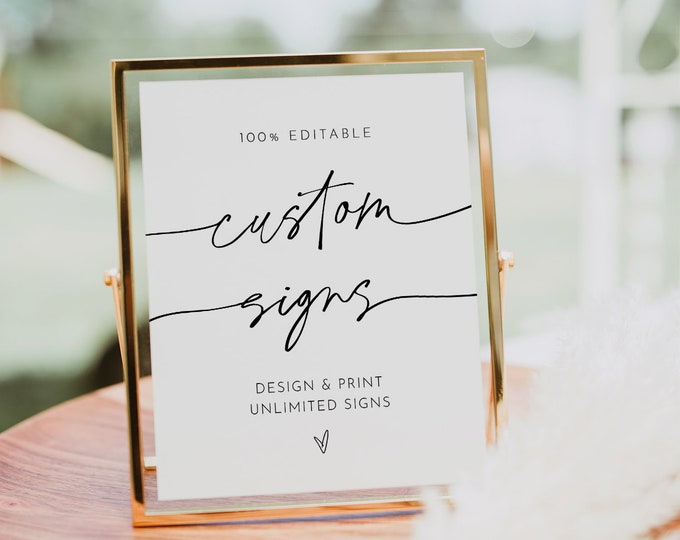 Custom Sign Template, Minimalist Wedding or Bridal Shower Table Sign, Modern Script, Create Any Sign, Instant Download Templett #0032-202CS